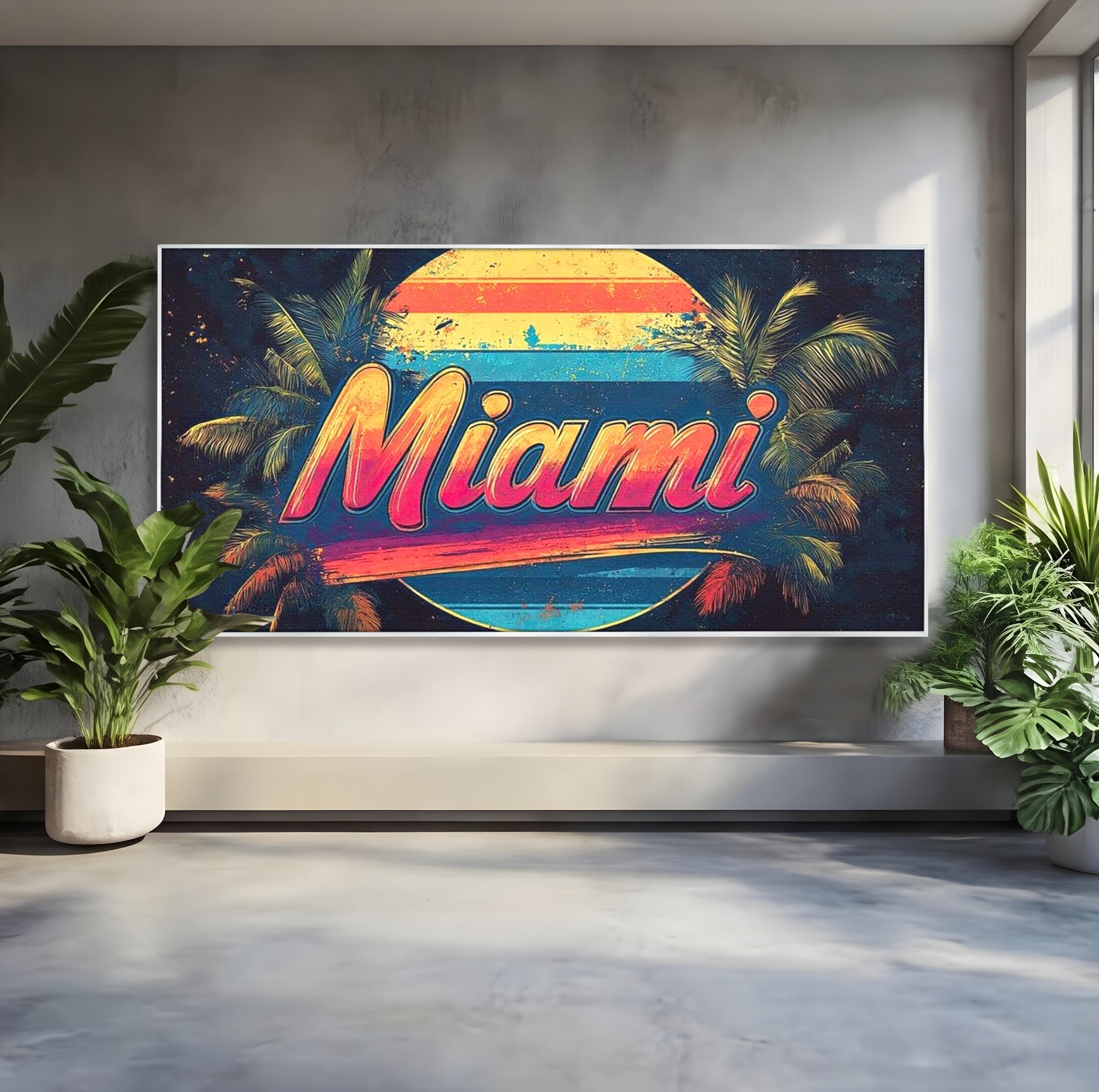 Tablou canvas cu ilustratie retro miami cu soare si palmieri, in rama de aluminiu argintiu